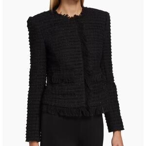 L’AGENCE Angelina Tweed Blazer Black Metallic Wool Sz 00 Fringe Jacket Open